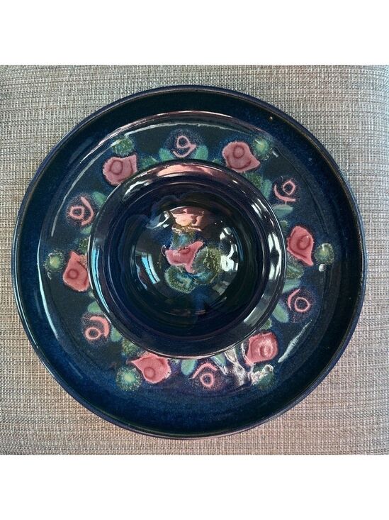 Susan DeMay Other - Susan deMay Signed ‘Floral’ Blue, Pink & Green 2-Piece Ceramic Chip & Dip Set